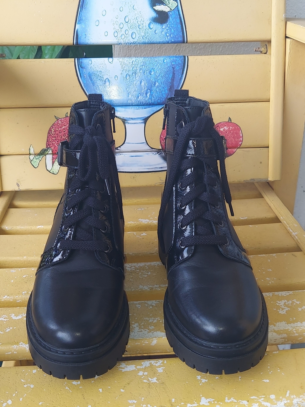Naturalizer Black Women's Lace-Up Combat Boots with Patent Panels